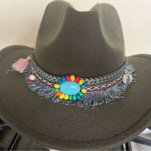 Chic Olive Hat with Multicolor Beaded Accent